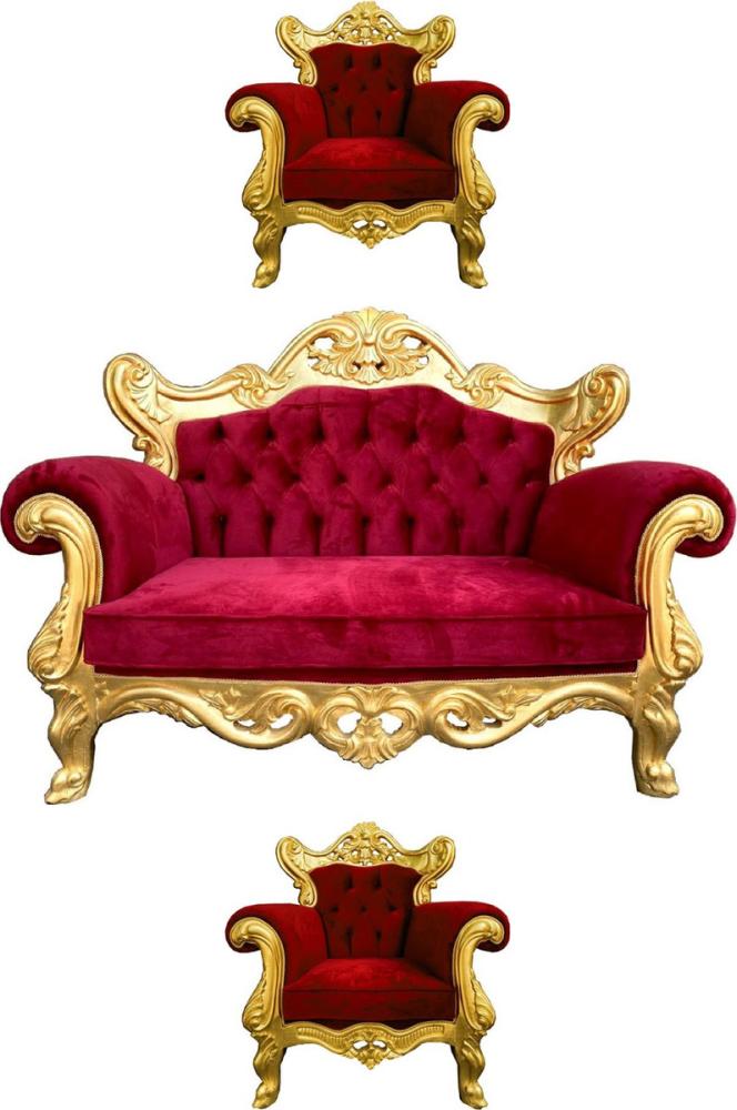 Casa Padrino Luxus Barock Wohnzimmer Set Bordeauxrot / Gold - 1 Barock Sofa & 2 Barock Sessel - Wohnzimmer Möbel im Barockstil - Edel & Prunkvoll Bild 1