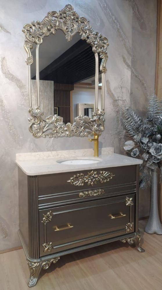 Casa Padrino Barock Badezimmer Set Silber / Weiß - 1 Waschtisch mit Marmorplatte und Keramik Waschbecken & 1 Wandspiegel - Prunkvolle Barock Badezimmer Möbel Bild 1