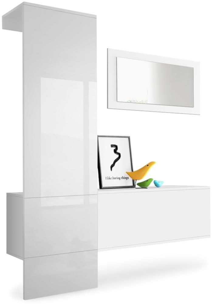 Vladon Garderobe Carlton Set 4, Garderobenset bestehend aus 1 Garderobenpaneel, 1 Schrankmodul und 1 Wandspiegel, Weiß matt/Weiß Hochglanz (156 x 193 x 35 cm) Bild 1