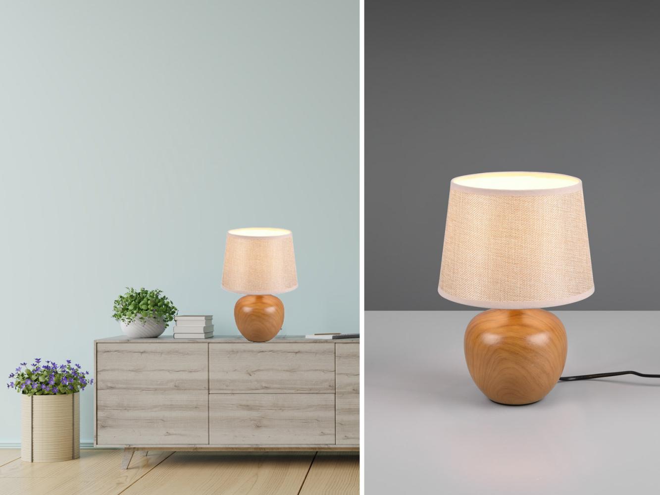 LED Tischleuchte Keramik in Holzoptik mit Stoffschirm Beige, Höhe 26cm Bild 1