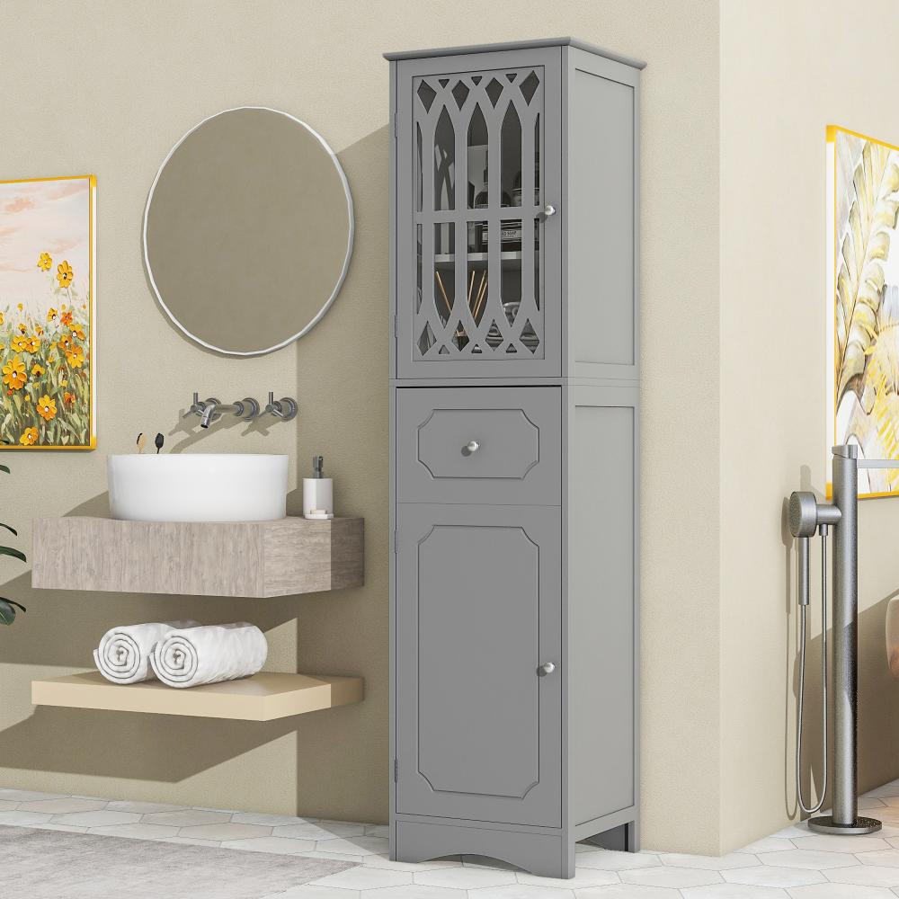 Merax Badezimmerschrank, Badezimmerschrank, Badezimmermöbel, mit Schublade, zwei Ablagefächern, verstellbare Einlegeböden hellgrau Bild 1