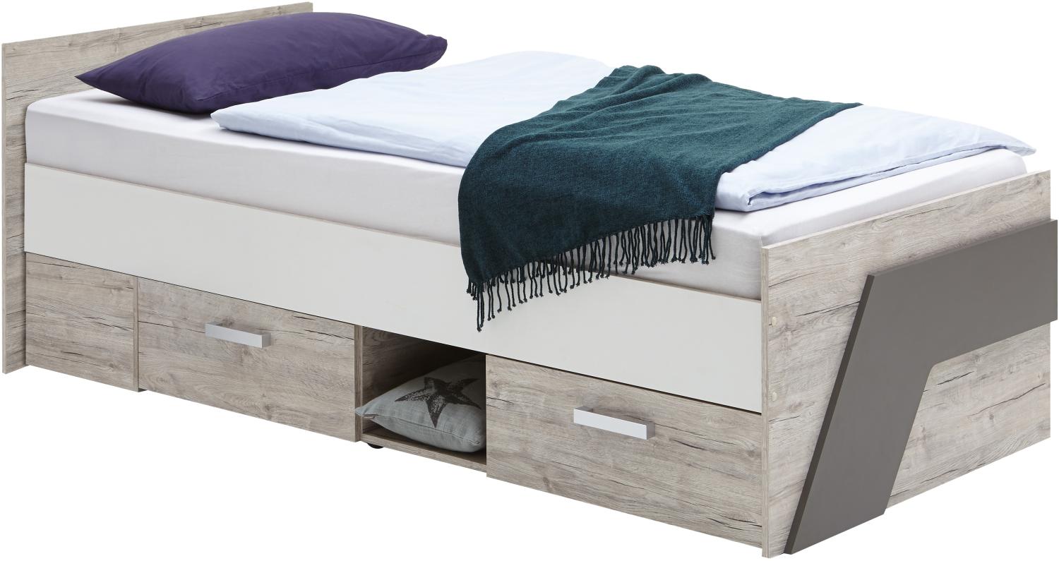 FMD Möbel - NONA 1 - Bett mit 2 SK - melaminharzbeschichtete Spanplatte - Sandeiche Nb/weiß/Lava - 204,5 x 69,5 x 96cm Bild 1