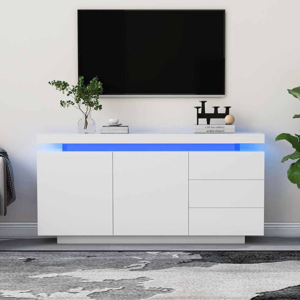 Merax LED-TV-Schrank, Sideboard Schrank, 2 Türen 3 Schubladen Hochglanz Sideboard mit LED Licht Grifflose - Weiß Bild 1