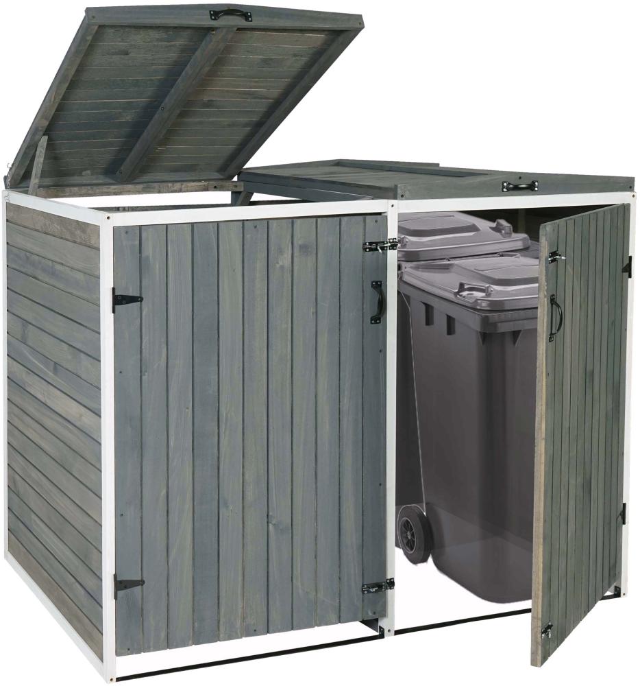 XL 2er-/4er-Mülltonnenverkleidung HWC-H74, Mülltonnenbox, erweiterbar 126x158x98cm Holz MVG ~ grau-weiß Bild 1
