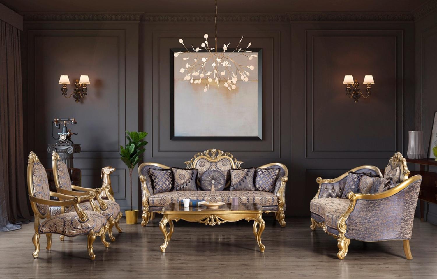 Casa Padrino Luxus Barock Wohnzimmer Set Blau / Gold / Silber - 2 Sofas & 2 Sessel & 1 Couchtisch - Wohnzimmer Möbel - Edel & Prunkvoll Bild 1