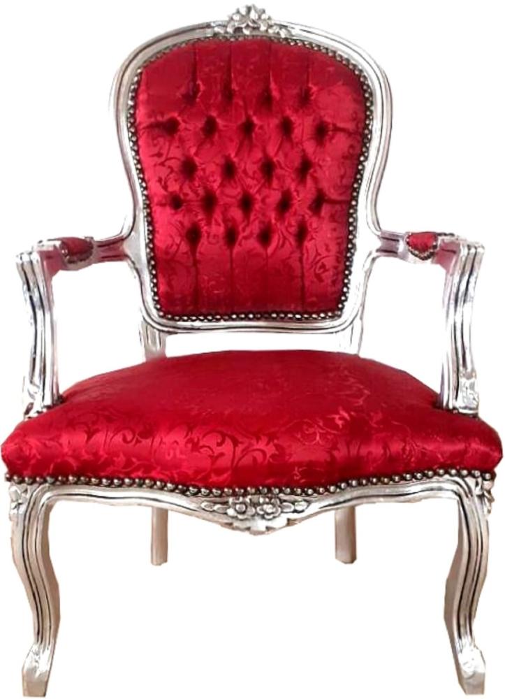 Casa Padrino Barock Salon Stuhl Bordeauxrot Muster / Silber 60 x 50 x H. 93 cm - Handgefertigter Antik Stil Stuhl mit edlem Satinstoff - Möbel im Barockstil Bild 1