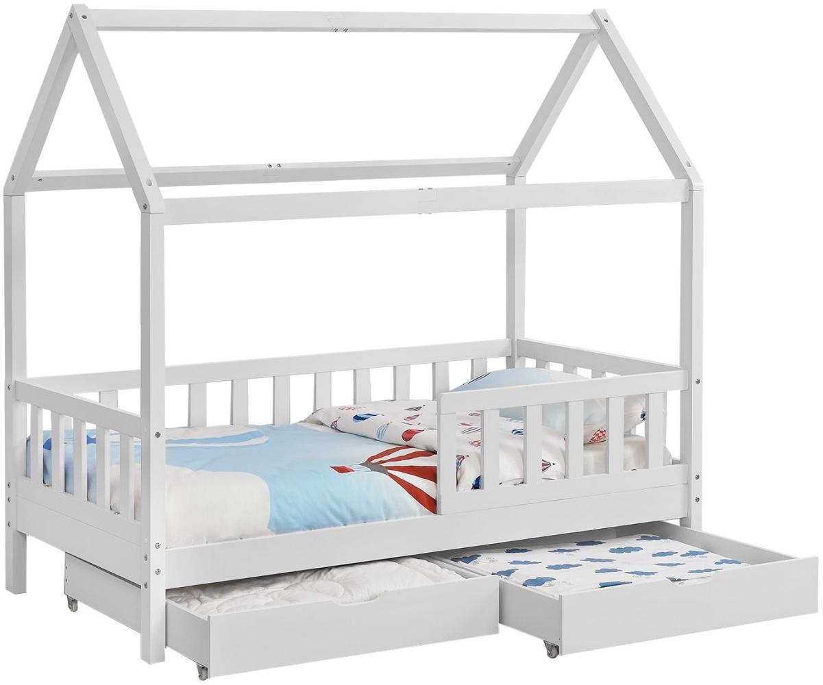 Juskys Kinderbett Marli 90 x 200 cm mit Bettkasten 2-teilig, Rausfallschutz, Lattenrost & Dach - Massivholz Hausbett für Kinder - Bett in Weiß Bild 1