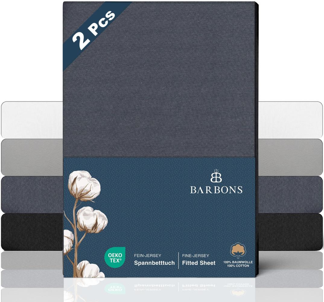 BARBONS Spannbettlaken 90x200cm 2er - 100% Baumwolle Spannbettlaken, Oeko-TEX Zertifiziert, Bettlaken Jersey, Spannbetttuch, Matratzenhöhe bis 25 cm (Dunkelgrau - 90x200-2er) Bild 1