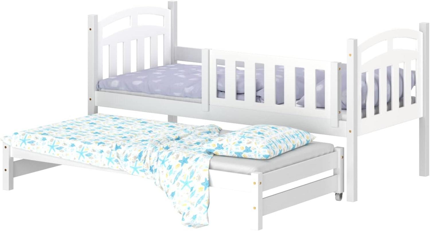 WNM Group Kinderbett Ausziehbar Suzie - aus Massivholz - Ausziehbett für Mädchen und Jungen - Hohe Qualität Bett mit Rausfallschutz für Kinder Weiß - 180x90 / 170x90 cm Bild 1