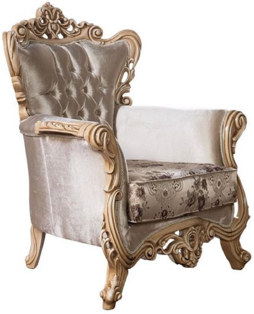 Casa Padrino Luxus Barock Sessel Beige / Braun / Naturfarben - Prunkvoller Wohnzimmer Sessel mit elegantem Muster - Barock Wohnzimmer Möbel Bild 1