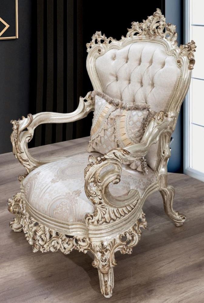 Casa Padrino Luxus Barock Sessel Cremefarben / Beige / Antik Gold - Prunkvoller Wohnzimmer Sessel mit elegantem Muster - Barock Wohnzimmer Möbel Bild 1