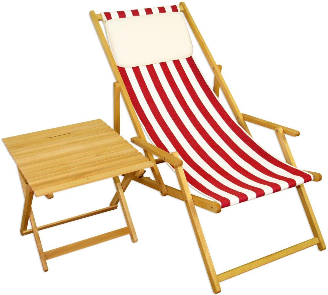 Gartenstuhl rot-weiß Sonnenliege Strandstuhl Deckchair Buche hell Tisch Kissen 10-314 N T KH Bild 1