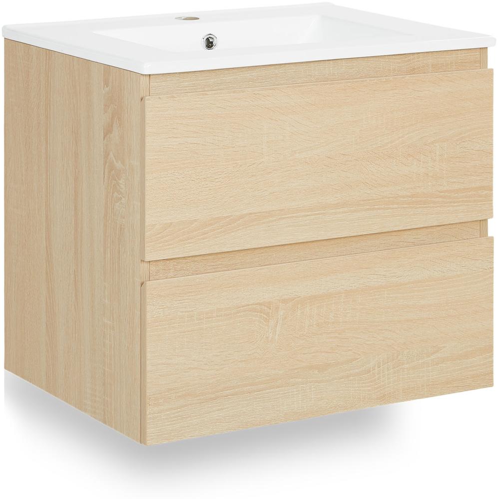 Badmöbel Waschtisch 60 cm Holz Eiche Waschbecken mit Unterschrank hängend 2 Schubladen Badezimmer Hängeschrank Bild 1