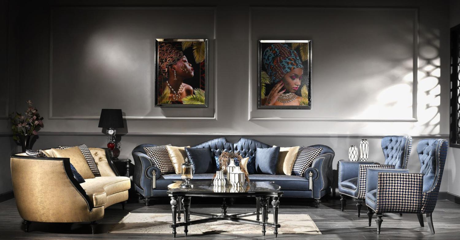 Casa Padrino Luxus Barock Wohnzimmer Set Blau / Gold / Schwarz - 2 Sofas & 2 Sessel & 1 Couchtisch & 2 Beistelltische - Barock Möbel - Edel & Prunkvoll Bild 1