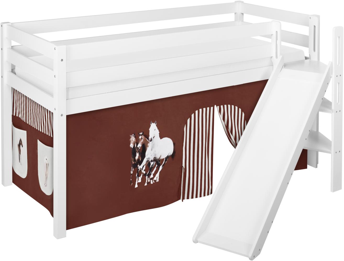 Lilokids 'Jelle' Spielbett 90 x 200 cm, Pferde Braun Beige, Kiefer massiv, mit schräger Rutsche und Vorhang Bild 1