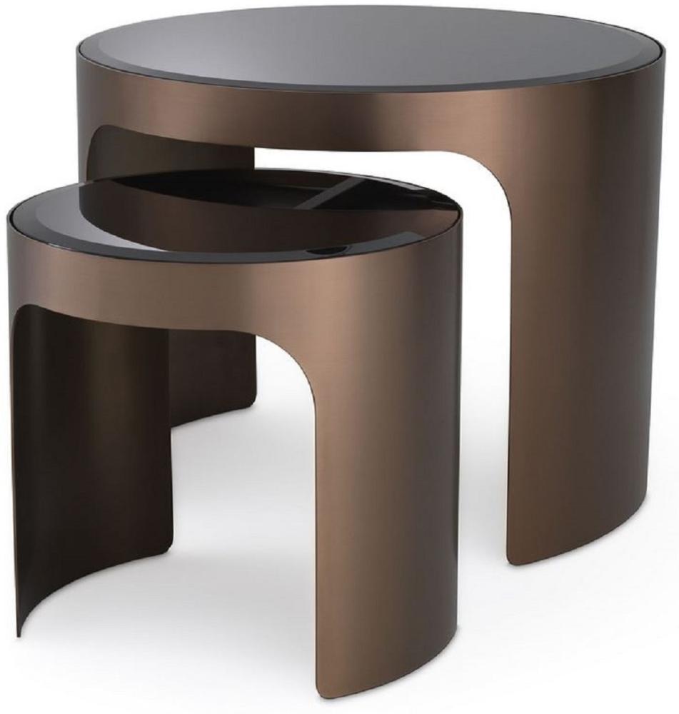 Casa Padrino Luxus Beistelltisch Set Kupferfarben / Schwarz - 2 runde Edelstahl Tische mit abgeschrägten Glasplatten - Luxus Wohnzimmer Möbel Bild 1