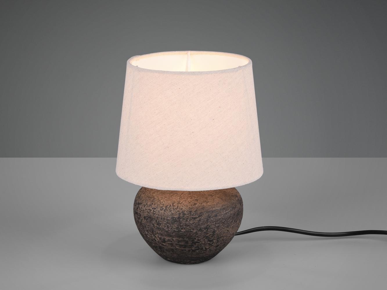 Rustikale Keramik LED Tischleuchte braun Stoffschirm in beige, Ø 18cm Höhe 25cm Bild 1