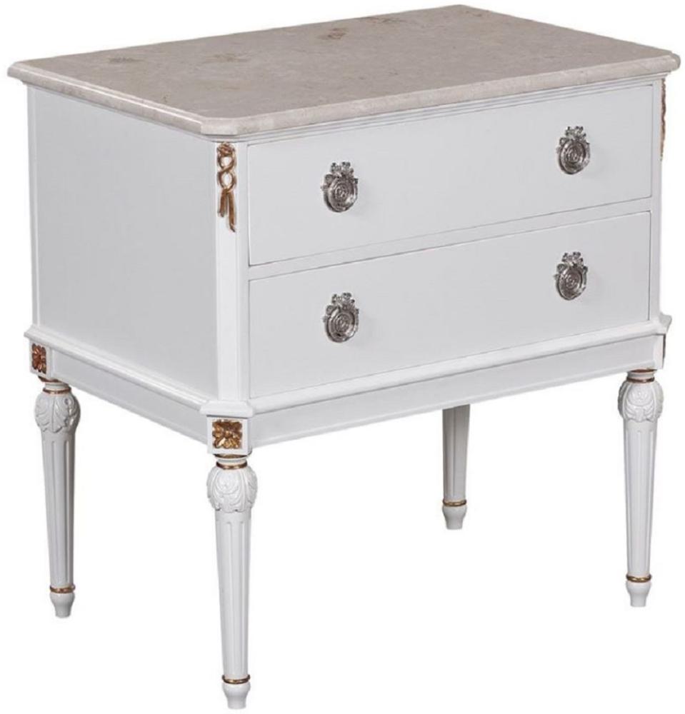 Casa Padrino Luxus Barock Nachtkommode Weiß / Cremefarben / Antik Gold / Silber - Handgefertigter Massivholz Nachttisch mit Marmorplatte - Barock Schlafzimmer Möbel Bild 1
