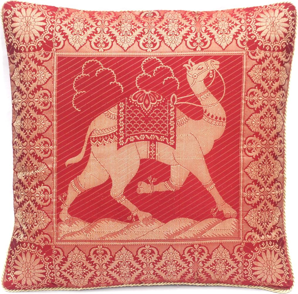 Handgewebter indischer Banarasi Seide Deko-Kissenbezug mit Extravaganten Kamel Design in Rot und mit Umrandung - 40 cm x 40 cm Bild 1