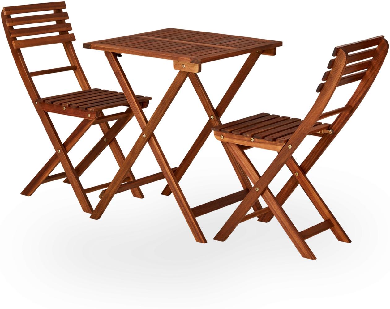KHG Garten-Set aus Akazien-Echtholz, Gartentisch und 2 Stühle mit hoher Rückenlehne, Balkon-Set, klappbar, platzsparend, Outdoor, Dunkelbraun - 3er Set Bild 1