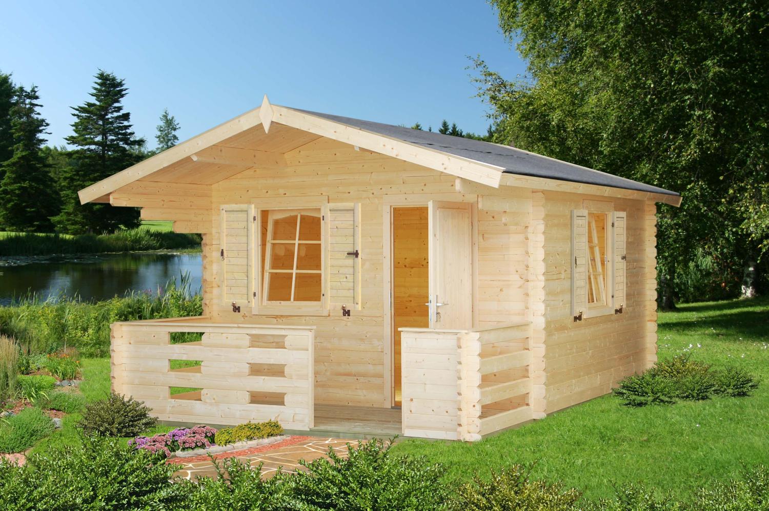 Palmako Gartenhaus Sylvi 104 + 42 m² Gartenhaus aus Holz Holzhaus mit 34 mm Wandstärke inklusive Terrasse Blockbohlenhaus mit Montagematerial Bild 1