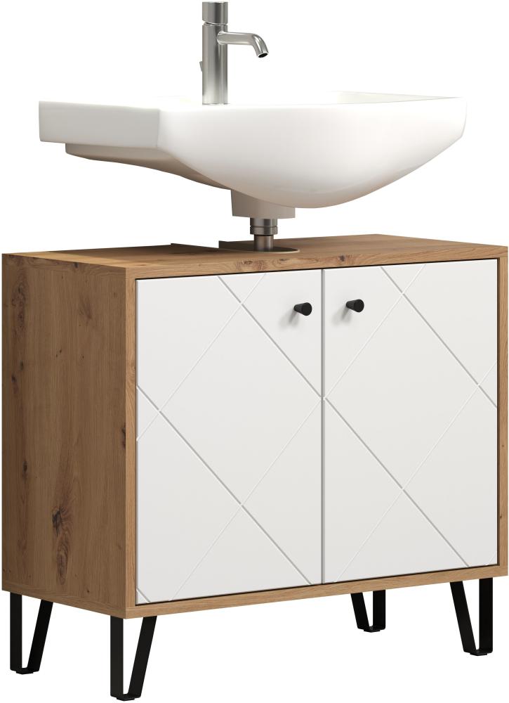 Waschbeckenunterschrank Touch in weiß matt Lack und Eiche 69 cm Bild 1