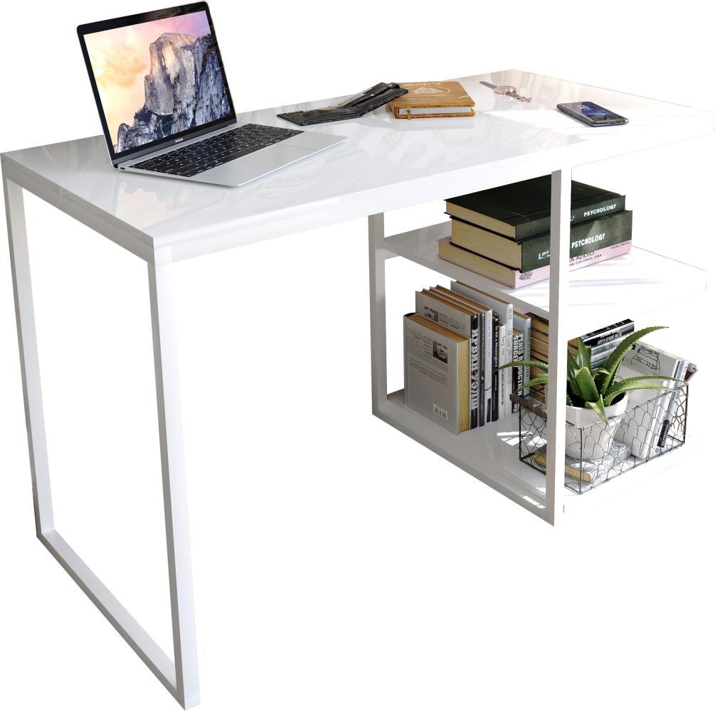 Domando Schreibtisch Capoliveri Modern für Büro Breite 120cm, Metallgestell pulverbeschichtet in Weiß und Weiß Hochglanz Bild 1