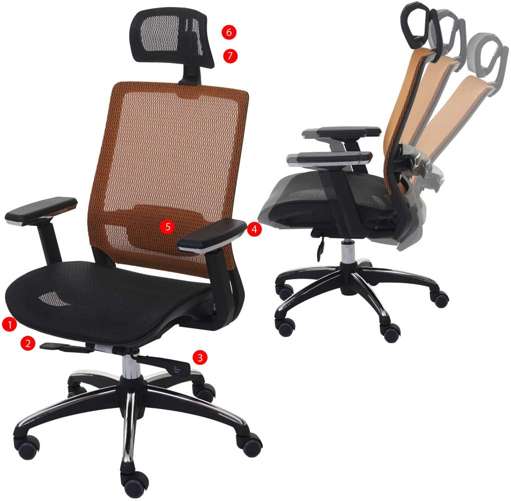Bürostuhl HWC-A20, Schreibtischstuhl, ergonomisch Kopfstütze Stoff/Textil ISO9001 ~ schwarz/orange Bild 1