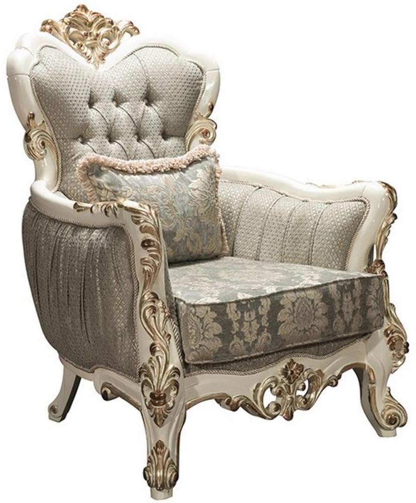 Casa Padrino Luxus Barock Wohnzimmer Sessel Grau / Weiß / Gold 90 x 85 x H. 115 cm - Prunkvoller Sessel mit Glitzersteinen und dekorativem Kissen - Edle Barockmöbel Bild 1