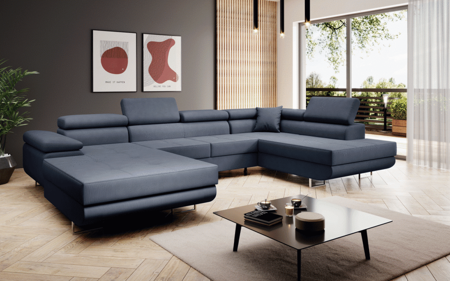 Designer Sofa Matera mit Schlaf und Klappfunktion (Stoff) Blau Bild 1