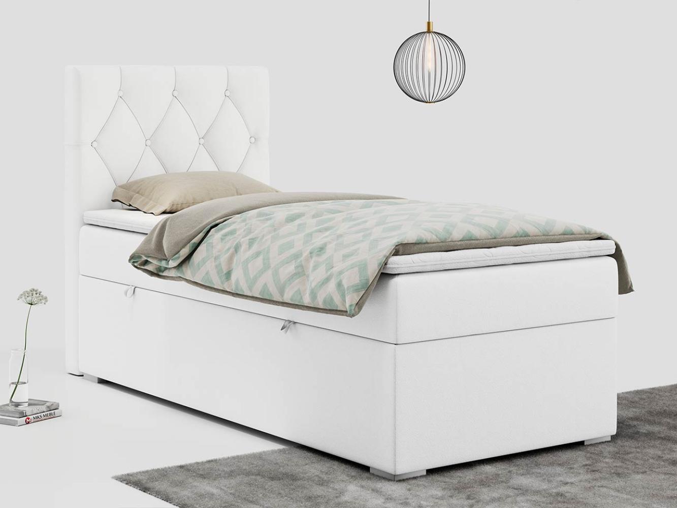 Boxspringbett ALDA, Einzelbett mit gestepptem Kopfteil und einem Bettkasten, 90x200 - Weiß Kunstleder - links - H4 Bild 1
