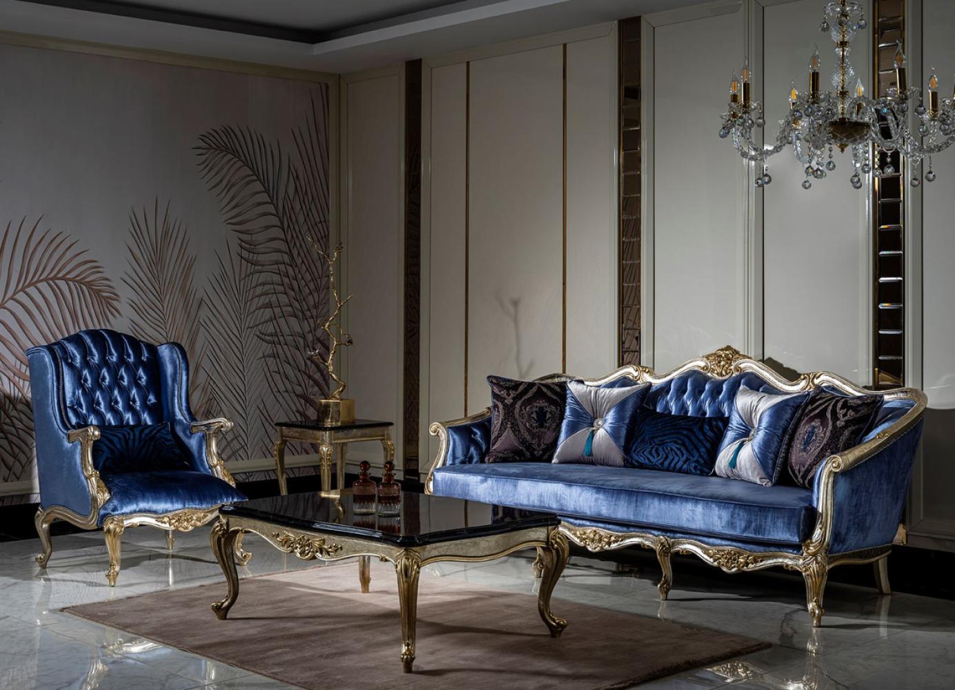Casa Padrino Luxus Barock Wohnzimmer Set Blau / Silber / Gold - 2 Sofas & 2 Sessel & 1 Couchtisch - Prunkvolle Wohnzimmer Möbel im Barockstil Bild 1