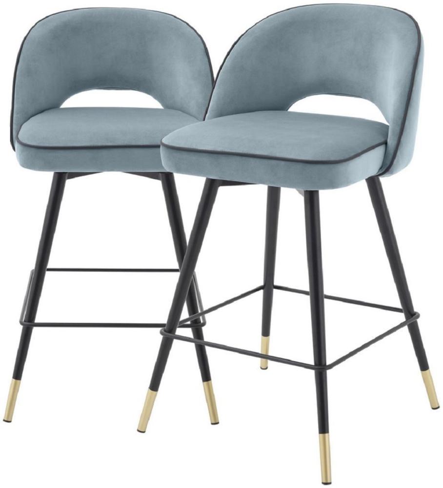 Casa Padrino Luxus Barstuhl Set Blau / Schwarz / Messingfarben 51 x 52 x H. 92,5 cm - Barstühle mit drehbarer Sitzfläche und edlem Samtsoff - Luxus Bar Möbel Bild 1