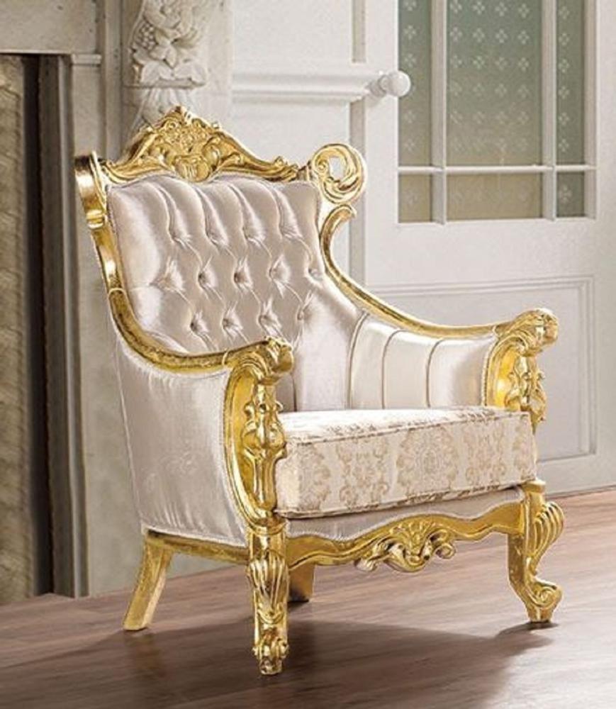 Casa Padrino Luxus Barock Wohnzimmer Sessel Beige / Gold - Prunkvoller Sessel mit Muster - Handgefertigte Barock Wohnzimmer Möbel Bild 1