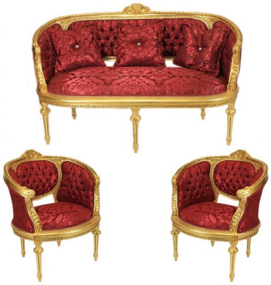 Casa Padrino Barock Wohnzimmer Set Marseille Bordeaux Muster / Gold - Sofa + 2 Sessel Bild 1
