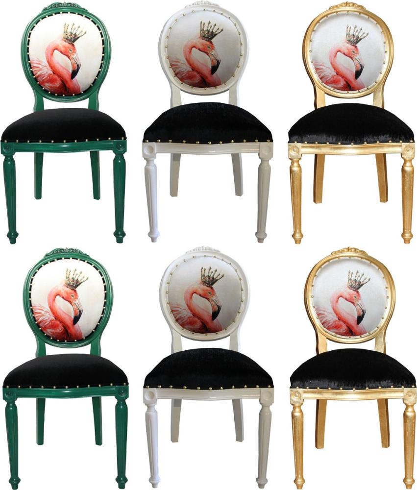 Casa Padrino Luxus Barock Esszimmer Set Flamingo mit Krone Grün / Weiß / Gold 48 x 50 x H. 98 cm - 6 handgefertigte Esszimmerstühle mit Bling Bling Glitzersteinen - Barock Esszimmermöbel Bild 1