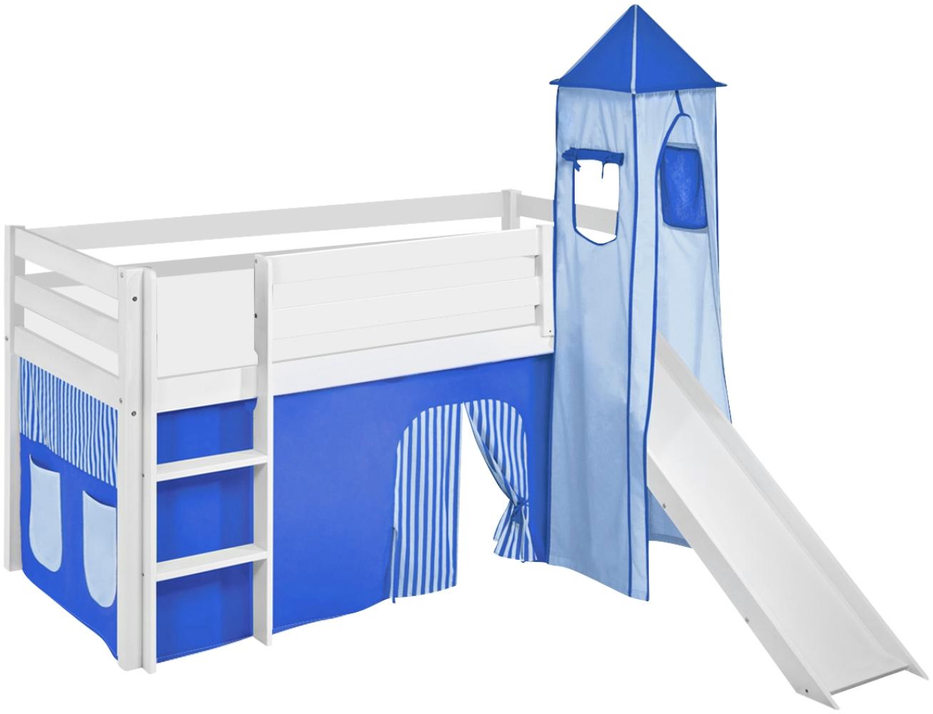 Lilokids 'Jelle' Spielbett 90 x 190 cm, Blau, Kiefer massiv, mit Turm, Rutsche und Vorhang Bild 1