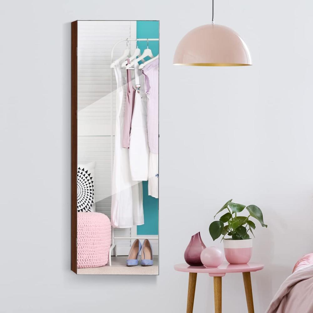 COSTWAY Schmuckschrank mit LED Beleuchtung, Schmuckregal hängend mit Spiegel, abschließbar mit Schlüsseln, 120 cm hoch (braun) Bild 1