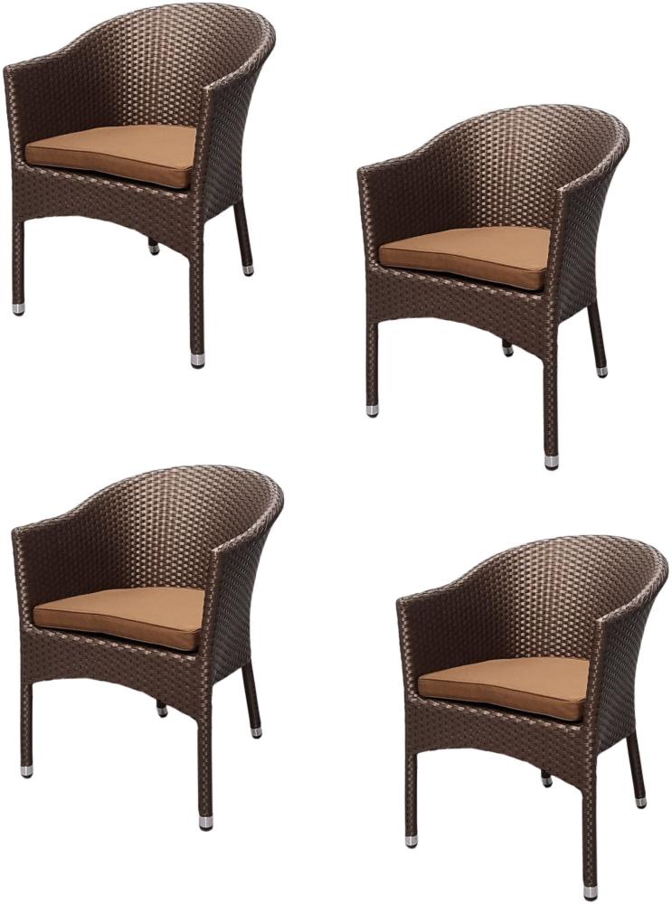 4x KONWAY® LUGANO Stapelsessel Mokka + Kissen Polyrattan Garten Sessel Stuhl Set Bild 1