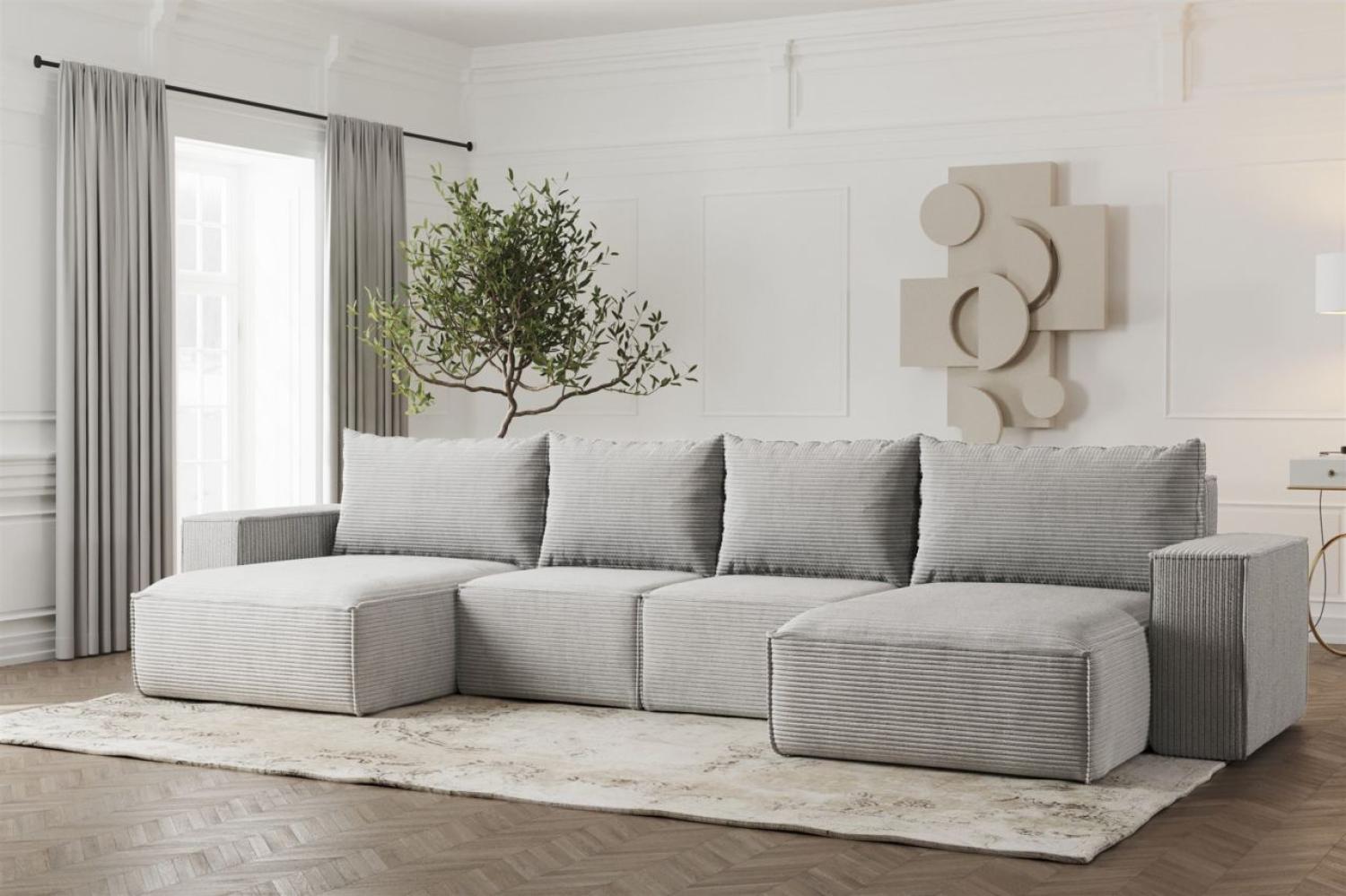 Wohnlandschaft U-Form Sofa ESTELLE mit Schlaffunktion in Stoff Poso Hellgrau Bild 1