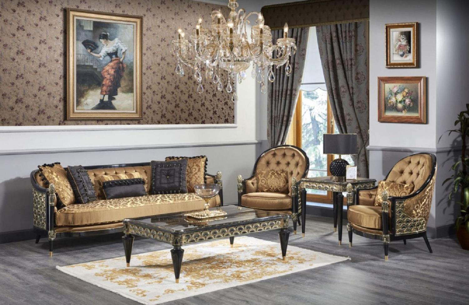Casa Padrino Luxus Barock Wohnzimmer Set Gold / Schwarz - 2 Sofas & 2 Sessel & 1 Couchtisch & 2 Beistelltische - Prunkvolle Barock Möbel - Luxus Qualität Bild 1