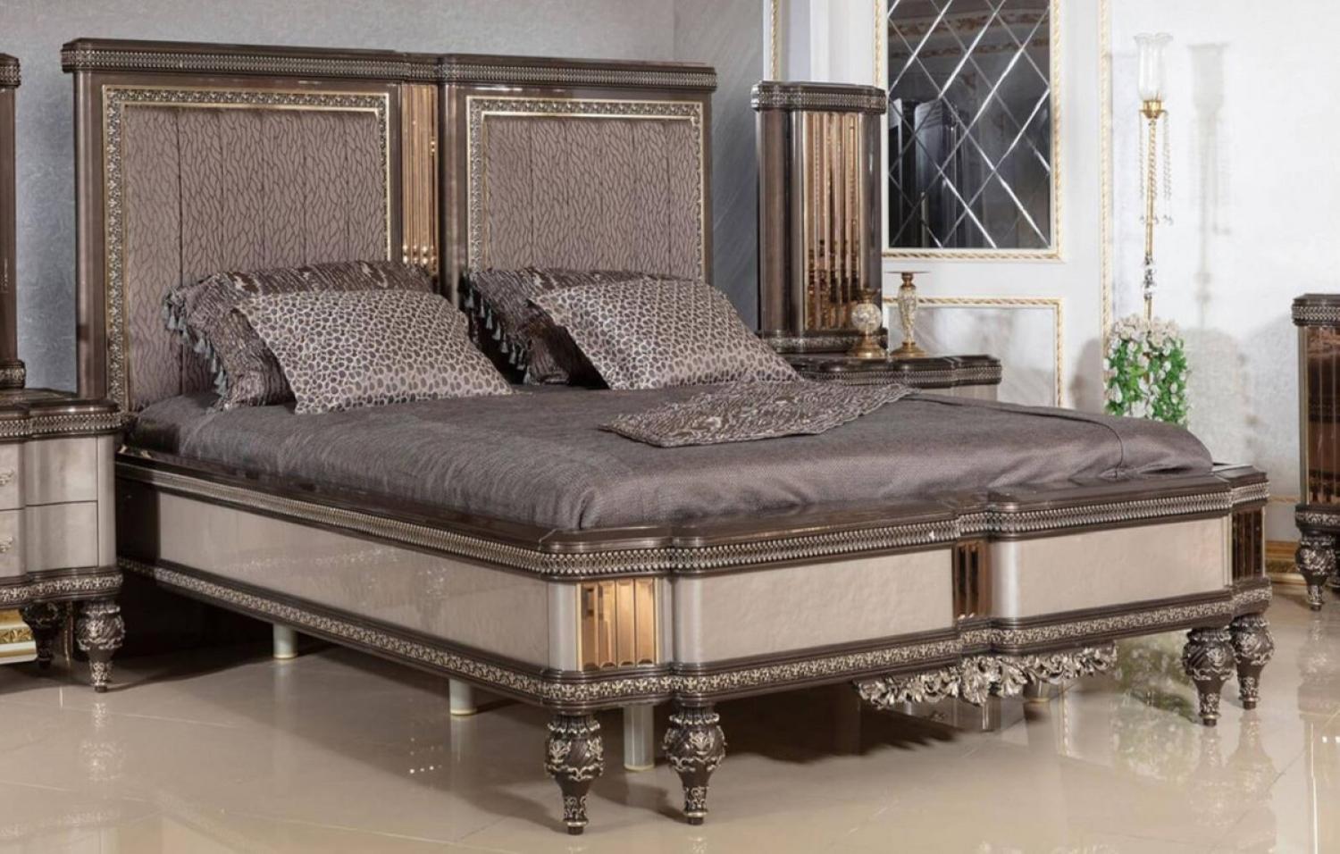 Casa Padrino Luxus Barock Doppelbett Grau / Dunkelbraun / Gold - Prunkvolles Massivholz Bett - Luxus Schlafzimmer Möbel im Barockstil - Barock Schlafzimmer Möbel Bild 1