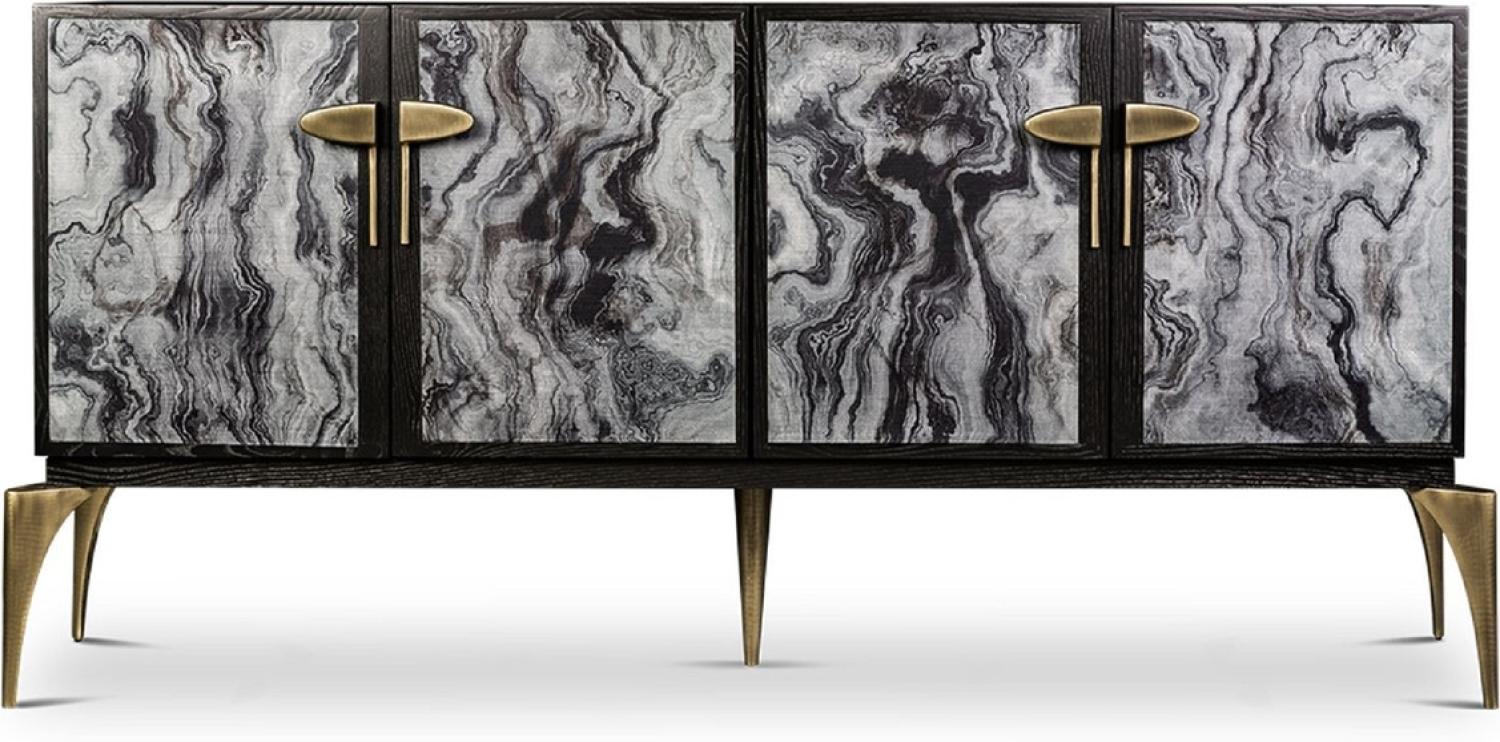 Casa Padrino Designer Sideboard Schwarz / Grau / Messing 192 x 46 x H. 90 cm - Massivholz Schrank mit 4 Türen - Wohnzimmer Möbel - Hotel Möbel - Luxus Kollektion Bild 1