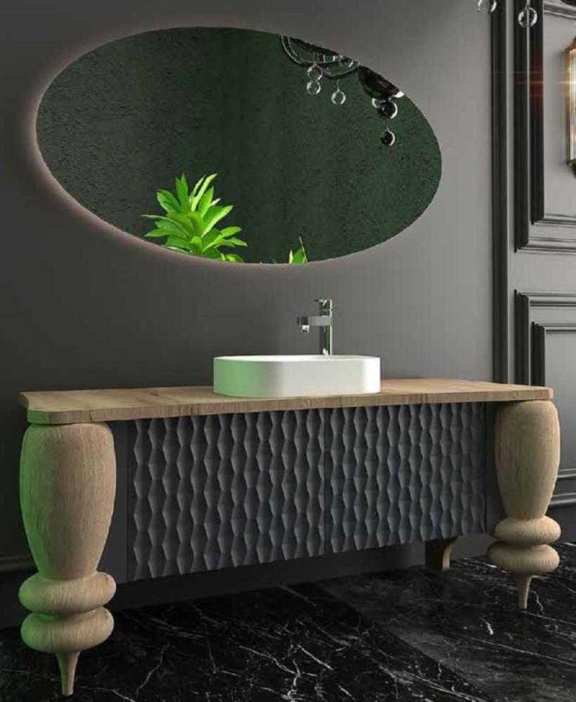 Casa Padrino Luxus Badezimmer Set Naturfarben / Grau / Weiß - 1 Waschtisch mit 2 Türen und 1 Waschbecken und 1 LED Wandspiegel - Luxus Badezimmermöbel Bild 1