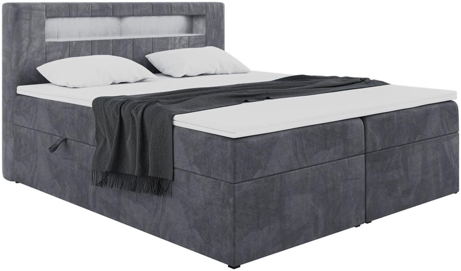 MEBLINI Boxspringbett ASPIN 140x200 cm mit Bettkasten und LED - H4/Dunkelgrau Samt Polsterbett - Doppelbett mit Topper & Taschenfederkern-Matratze Bild 1