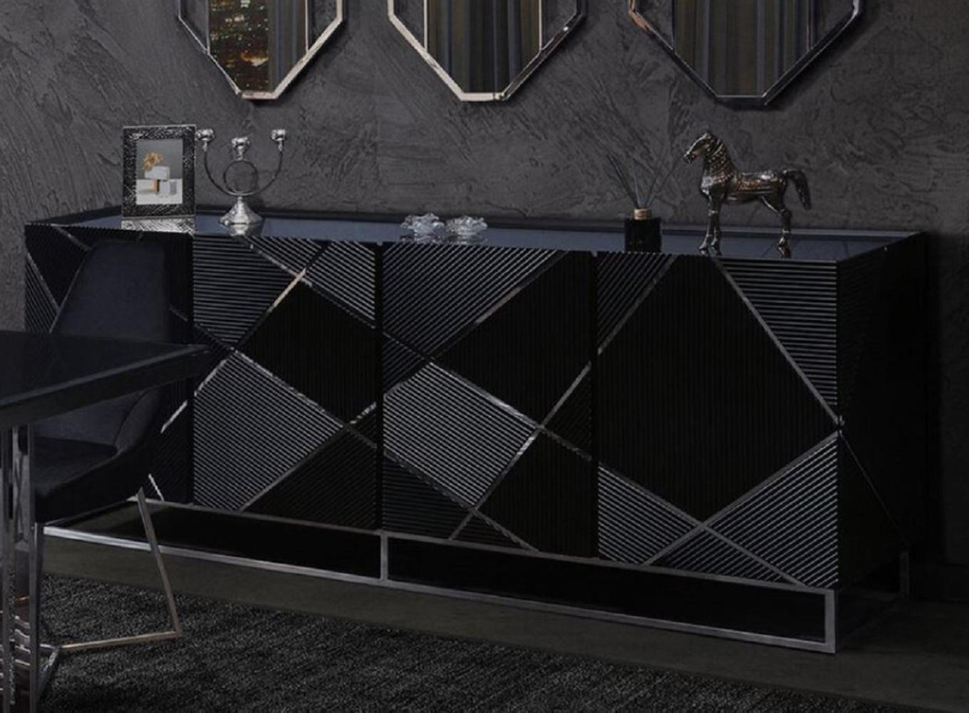 Casa Padrino Luxus Sideboard Schwarz / Silber 220 x 53 x H. 86 cm - Wohnzimmer Sideboard mit 4 Türen - Luxus Möbel Bild 1