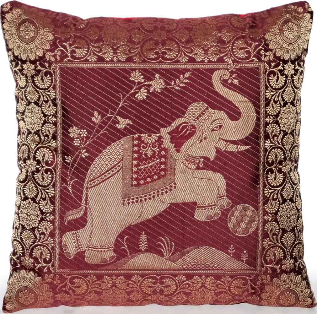 Handgewebter indischer Banarasi Seide Deko-Kissenbezug mit Extravaganten Elefant Design in Weinrot - 40 cm x 40 cm Bild 1