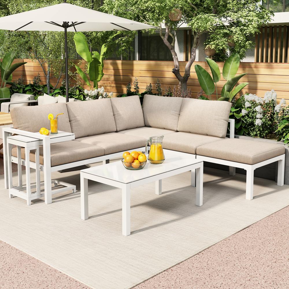 Merax Garten-Lounge-Sessel-Set, Ecklounge, Gartenmöbel für 6–8 Personen, Gartenmöbel-Set, Lounge-Möbel, 5er-Set, inklusive aller Kissen, weiß Bild 1