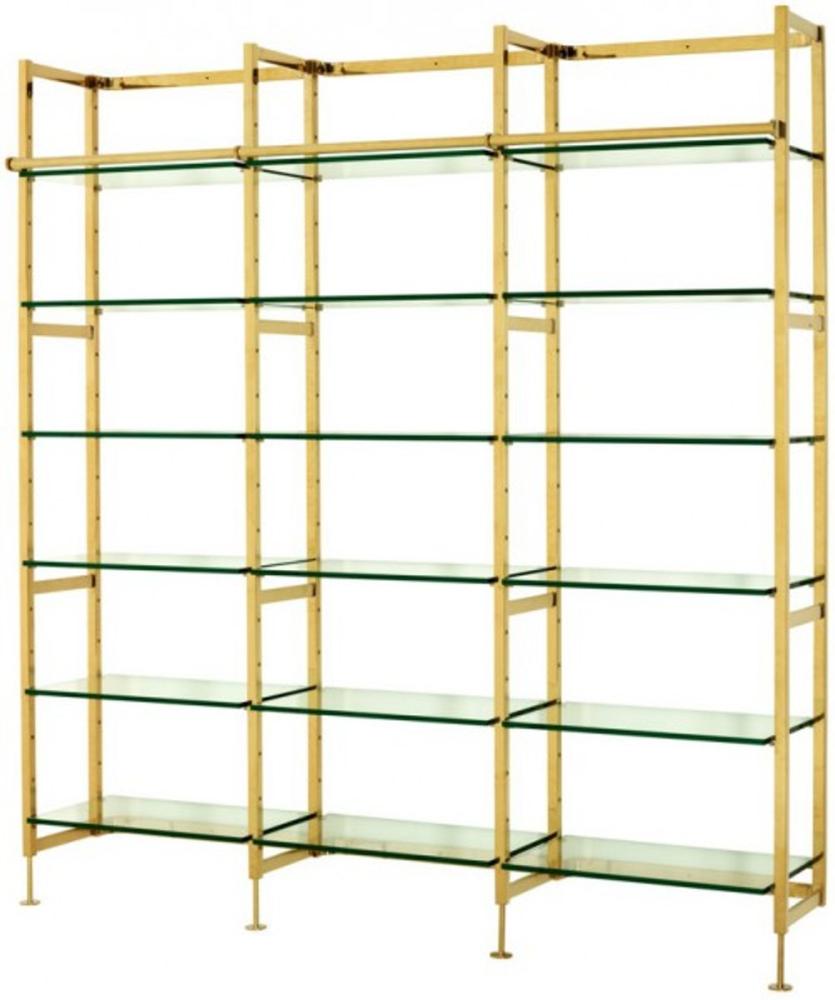 Casa Padrino Luxus Regal Schrank Edelstahl Gold mit Glasböden B 223 x H 245 cm Bücherregal Regal Schrank - Art Deco Möbel Bild 1