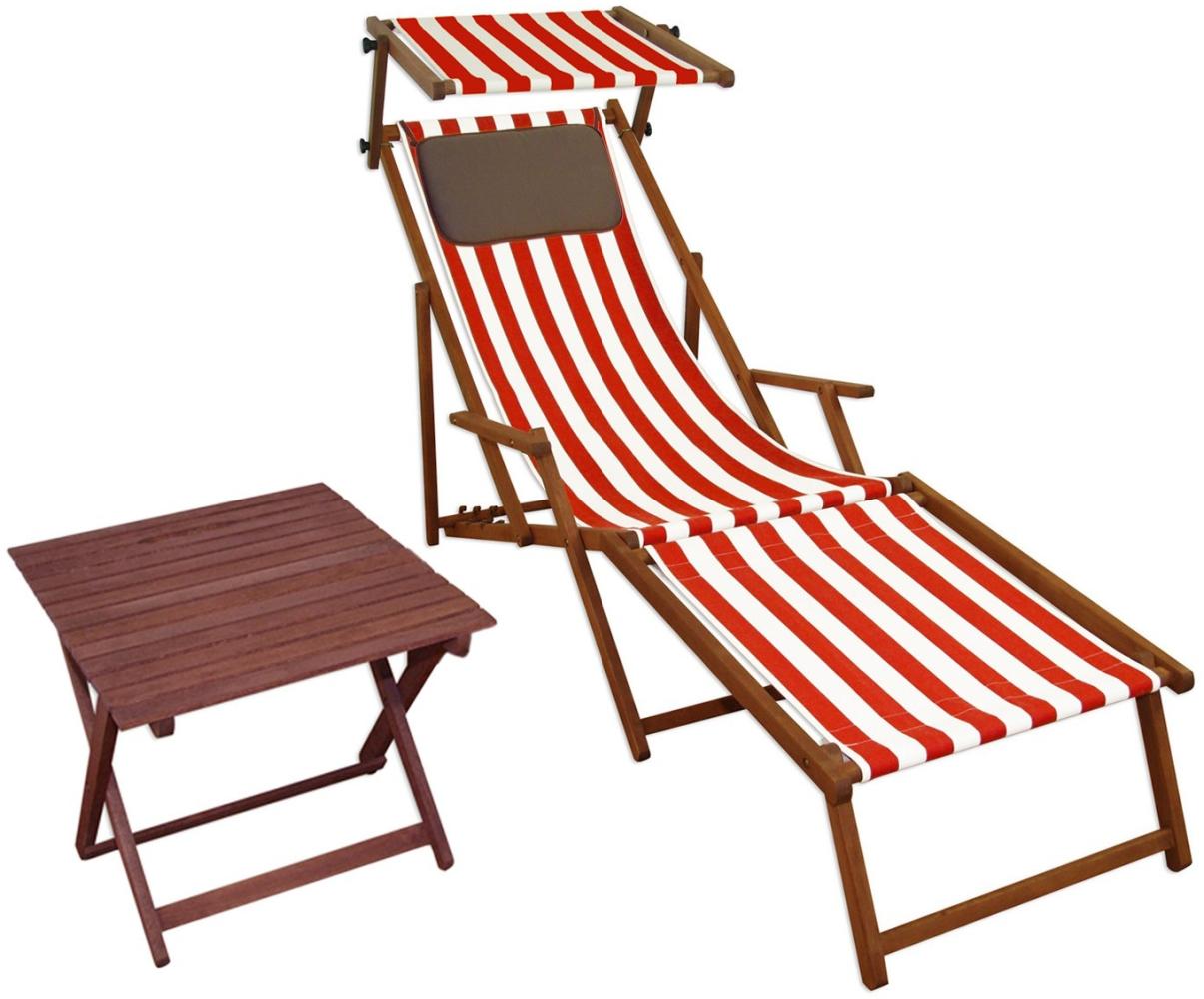 Sonnenliege rot-weiß Strandliege Holzliege Buche Fußteil Sonnendach Tisch Kissen 10-314 FST KD Bild 1